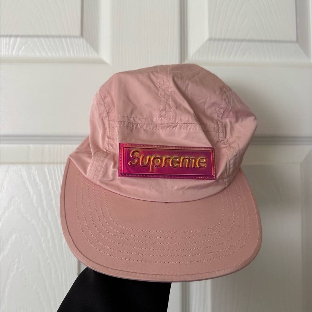 Supreme Homographic Pink Logo Camp Cap with Gold Accent
